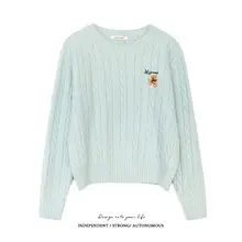 冬用 ハンドニット風クマ刺繍入りショートニットセーター【ラウンドネック・極上の柔らかさ】