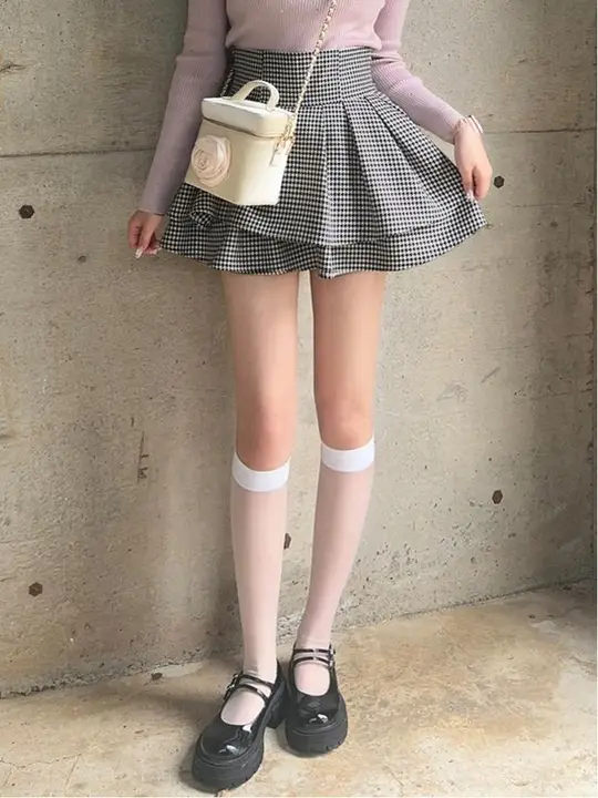 高腰ショートスカート【千鳥格子・後ろファスナー・マカロンカラー・脚長効果】