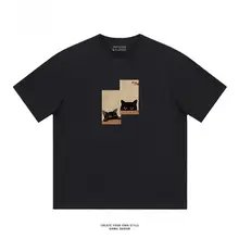 KAMU メンズ夏用猫デザイン半袖Tシャツ【アメリカンヴィンテージ・コットン・ルーズフィット】