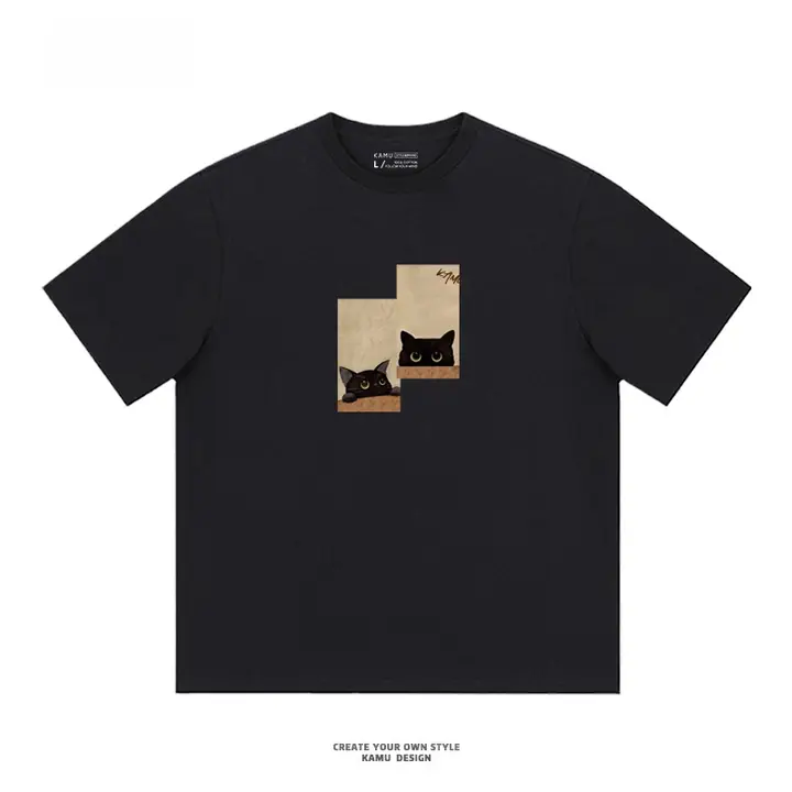 KAMU メンズ夏用猫デザイン半袖Tシャツ【アメリカンヴィンテージ・コットン・ルーズフィット】