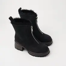 スエード風牛革 前面ファスナー付き フリースブーツ【厚手で保温性・女性用・ショートブーツ】