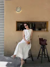 リネン素材のノースリーブウエストシェイプトップスとスカート【シンプルデザイン・夏用】（セットアップ対応）