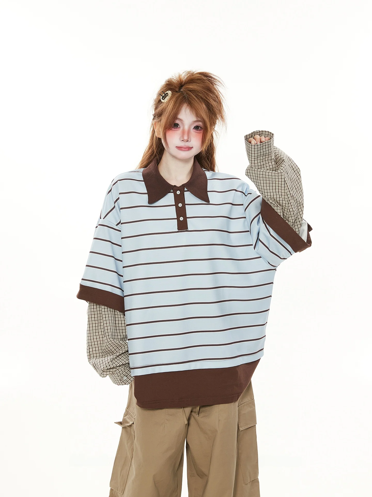おしゃれなチェックとストライプのポロ襟Tシャツ【春秋用・ルーズフィット・偽二重デザイン】（セットアップ対応）