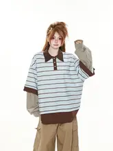 おしゃれなチェックとストライプのポロ襟Tシャツ【春秋用・ルーズフィット・偽二重デザイン】（セットアップ対応）
