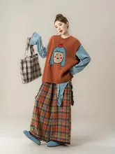 ニットベスト レディース クルーネック 女の子モチーフ オレンジ ヴィンテージ ルーズ 着回し 秋