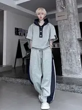 オリジナルデザイン フード付きTシャツ【ショートスリーブ・スポーツカジュアル】とワイドパンツ【コントラスト配色・フィット】（セットアップ対応）