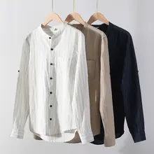 ストライプ柄 男性用リネンシャツ【春秋用・長袖・カジュアルデザイン】