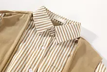 ストライプデザインのショルダー付きシャツ【長袖・春秋用・女性用】（セットアップ対応）