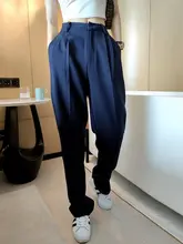 AYINGJIA レディース ネイビー ウエストハイ プリーツ感のあるワイドパンツ【高級感・カジュアル】