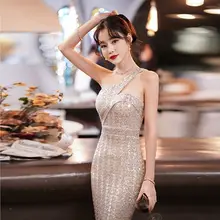 片肩のラメ入りロングドレス【フィッシュテール・パーティー用・スリムフィット】（セットアップ対応）