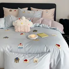 可愛いデザインの刺繍入りコットン掛け布団カバー【柔らかさと心地よさ・主寝室用・四点セット】（セットアップ対応）