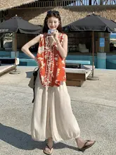 夏用レディースプリントノースリーブトップス＆ワイドパンツ【リゾートスタイル・体型カバー】（セットアップ対応）