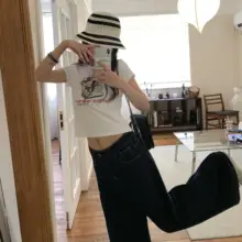 アメリカンレトロデザインのワイドレッグパンツ【デニム・夏用・ハイウエスト・ゆったりフィット】（セットアップ対応）