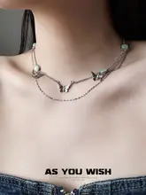 三連のバタフライキャットアイストーンデザインのダブルレイヤーネックレス【高級感・クールなデザイン・スカルチェーン】