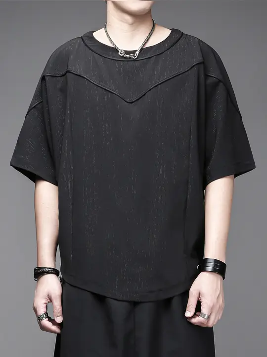 Tシャツ 半袖 メンズ バットスリーブ パッチワーク 防シワ加工 ルーズ 解構デザイン ダーク系