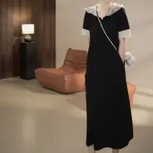 スタイルアップ効果のあるレース付きドレープワンピース【フランス風・長袖・シックスタイル】