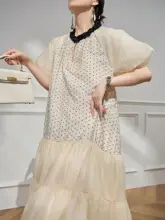 Plum Jan ドット柄パフスリーブワンピース【夏用・杏色・フレンチスタイル】