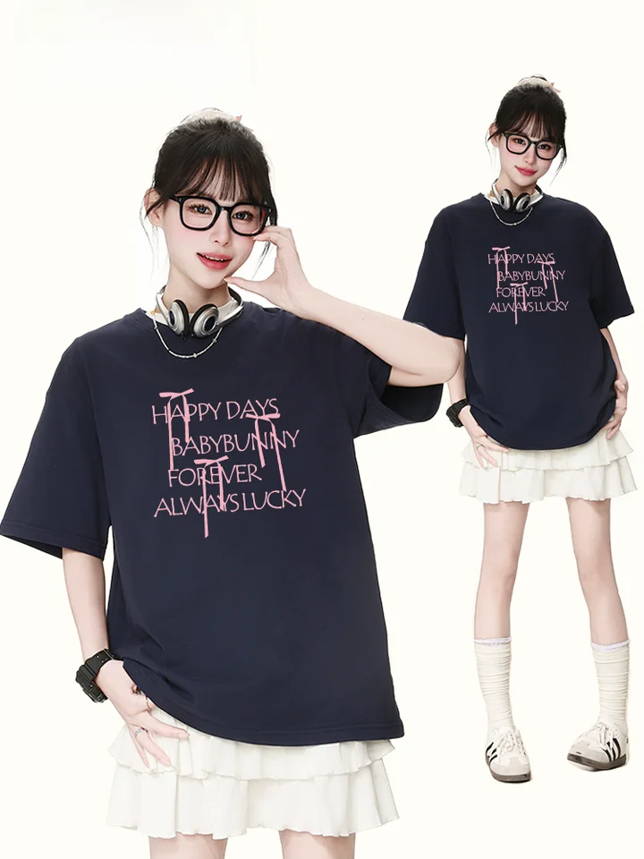 可愛いリボン＆アルファベットプリントのコットン半袖Tシャツ【夏用・ゆったりシルエット】