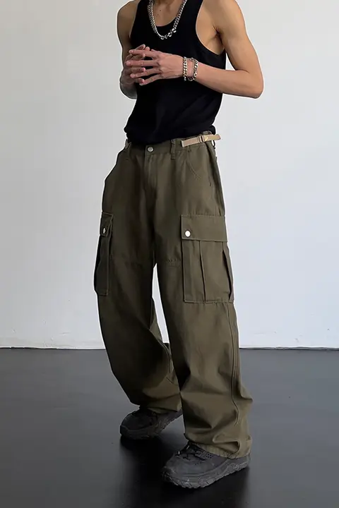 カーゴパンツ ユニセックス グリーン ハイウエスト ワイドストレート ドレープ感 ストリート 着回し 着痩せ