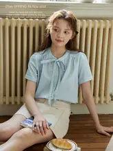 抽绳付き月牙刺繍入り折り辺短袖ブラウス【夏季・フレンチスタイル】
