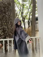 レトロスタイルの立て襟中長コートとチェック柄ワイドパンツのセット【秋用・ウエストゴム】