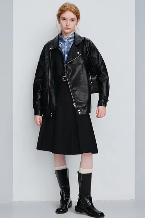 DESIGNER PLUS オーバーサイズPUレザーライダージャケット【春秋用・ショート丈・女性用】