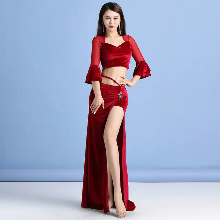 秋冬用ベリーダンス練習着【シルクベルベット・性感開口スカート・初心者向け】（セットアップ対応）