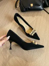 浅口細ヒール黒ハイヒールシューズ【パール装飾・疲れにくい・春用】