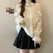 大きいサイズ フレンチスタイル ノースリーブ長袖ブラウス【春用・シフォン・オフショルダー】