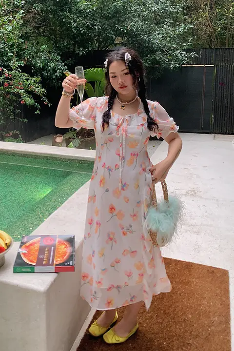Dazi レースフリル付きフラワープリントワンピース【春夏用・大きいサイズ】