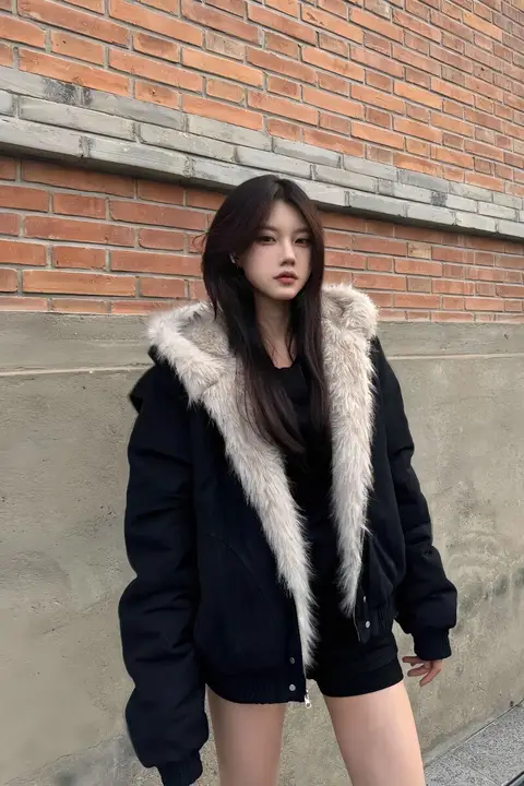 レディース アメリカンヴィンテージ風フード付きコート【ブラック・毛皮付き・冬用・厚手】