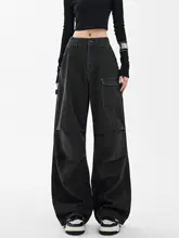 秋冬用 高腰ストレートワイドパンツ【黒色・デニム・工装デザイン・裾フリル】