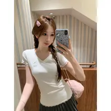 甘いデザインのレース切り替えVネック刺繍小狗Tシャツ【夏用・短袖】（セットアップ対応）