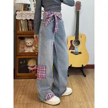 デザイン感漂うチェック柄バタフライノット付きデニムパンツ【ハイウエスト・ストレート・夏用】（セットアップ対応）