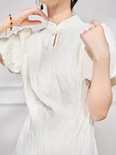 シフォン素材のパフスリーブワンピース【夏用・新中式デザイン・白】