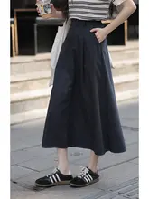 深い青色のAラインスカート【高腰・細身効果・ミディ丈】（セットアップ対応）