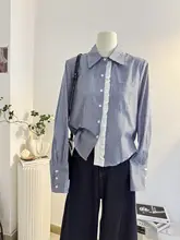 レースアクセントの青いチェック柄長袖シャツ【フレンチスタイル・女性用】