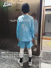 速乾性の子供用スポーツTシャツとパンツ【ブルー・レイヤードデザイン・ストレッチ素材】（セットアップ対応）