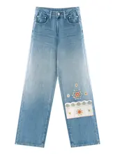 民族風刺繍が施された冬用フリース入りストレートデニムパンツ