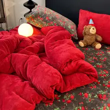 暖かいミルクフリースの花柄掛け布団カバーとシーツ【四点セット・冬季用・両面コーラルフリース】（セットアップ対応）