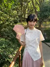 夏用短袖花柄立襟ブラウス【ピンク・リボン付き・女性用】
