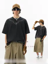 半袖Tシャツ メンズ コットン100% クルーネック ゴシック 棘モチーフ ウォッシュド加工 オーバーサイズ 厚手 アメリカン風 夏 「JHYQ」