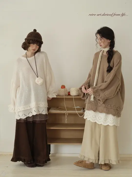 レトロ風 花苞袖デザインのニットトッパー【ゆったりシルエット・秋冬用・カジュアル】