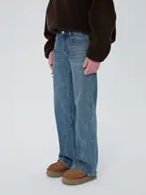 爆裂纹デザイン水洗い低腰ストレートデニムパンツ