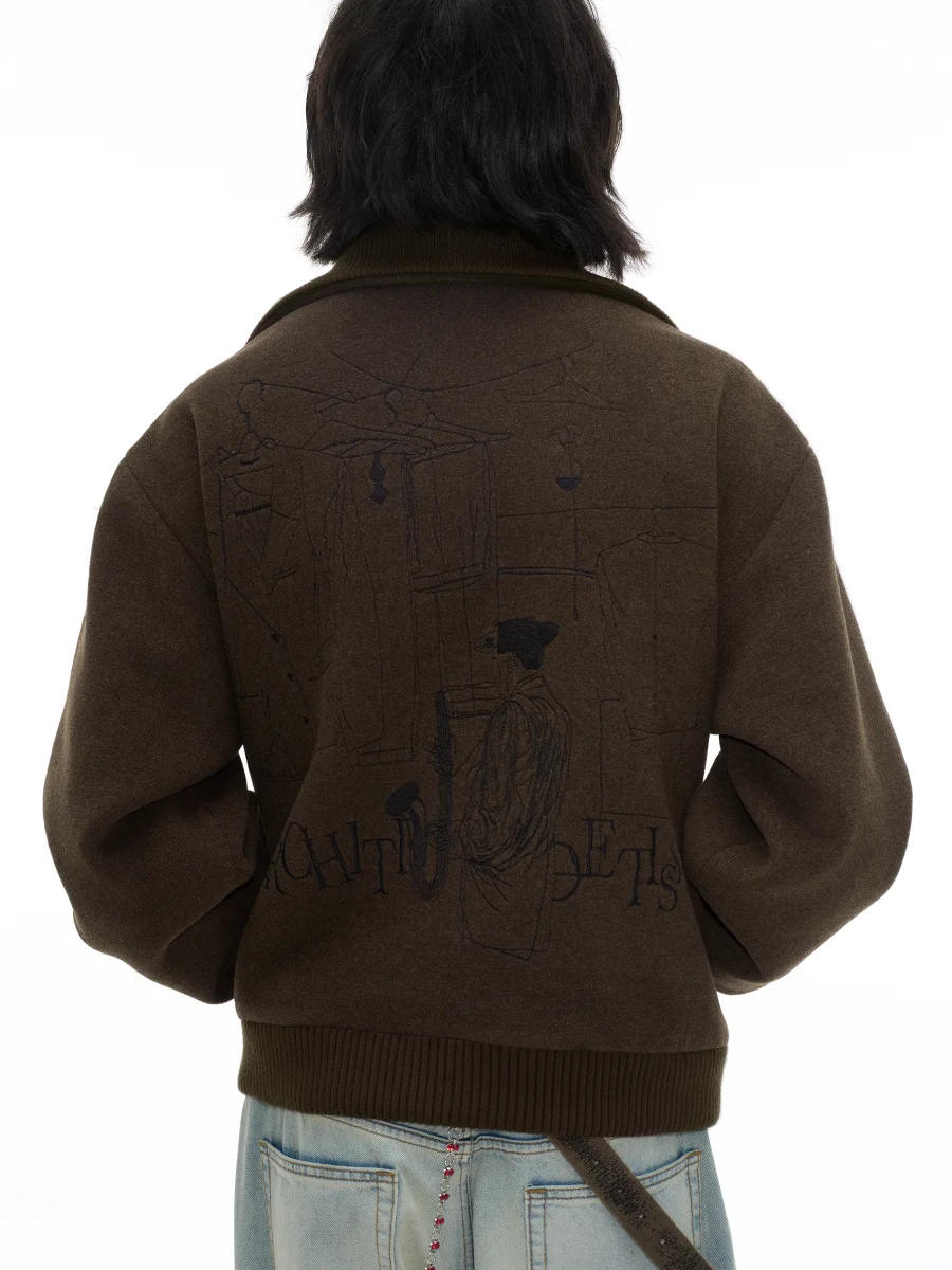 キルティングジャケット メンズ・レディース向けのウールジャケット【刺繍デザイン・リブ襟・二重仕立て】