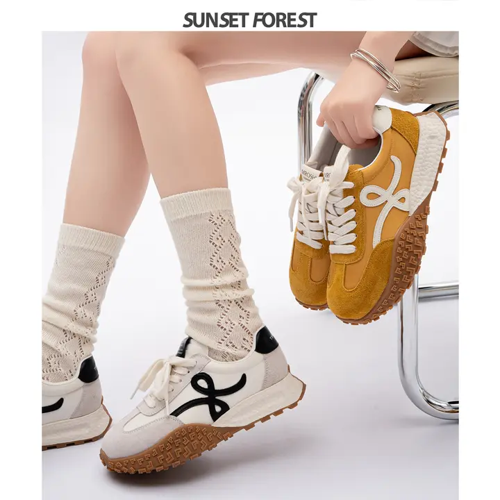 落日森林 厚底デザインスニーカー【女性用・カジュアル・イエロー・多用途】