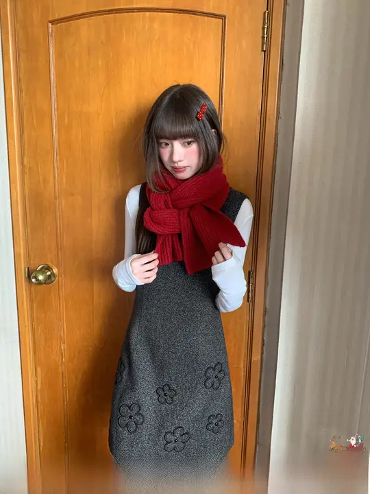 立体花刺繍デザインの背面スリーブワンピース【秋用・ウエスト絞り】