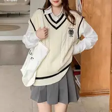 秋冬用 英国風Vネックニットとスカートのコンビネーション【長袖・リボン付き・学生に最適】（セットアップ対応）