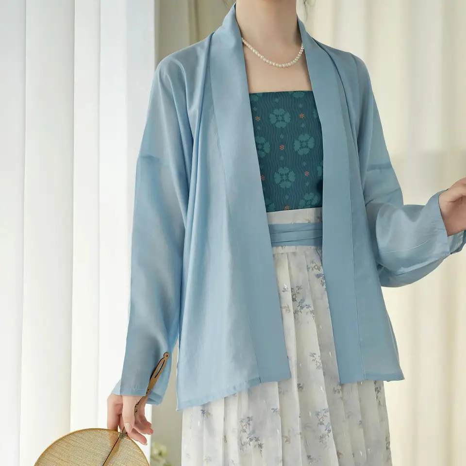 三色天絲製 日常用フライトスリーブ漢服防晒シャツ【花柄プリーツスカート付き・夏向け】（セットアップ対応）