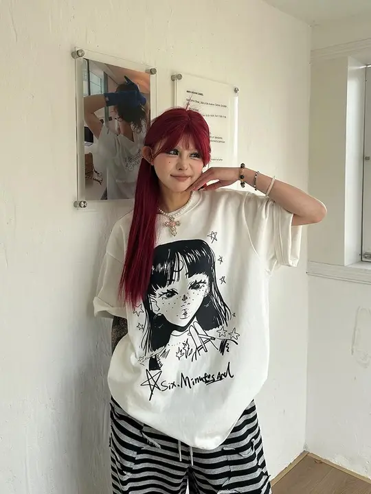 Tシャツ レディース 半袖 そばかす 女の子 プリント アメリカンスタイル ストリート オーバーサイズ ルーズ 色白見え 「Sixminu」